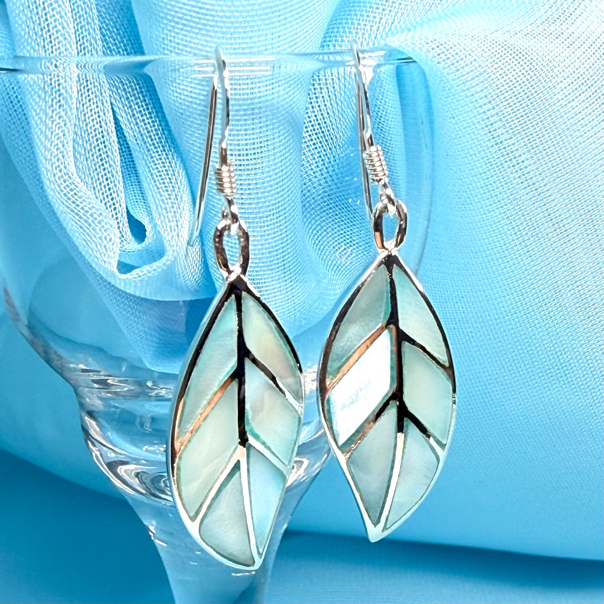 Real Mother of Pearl drop earrings light blue leaf shaped sterling silver