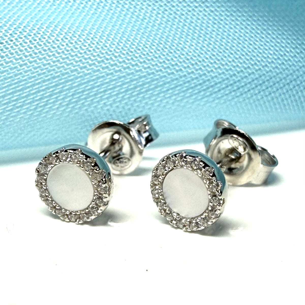 Real Mother of Pearl round stud earrings sterling silver cubic zirconia
