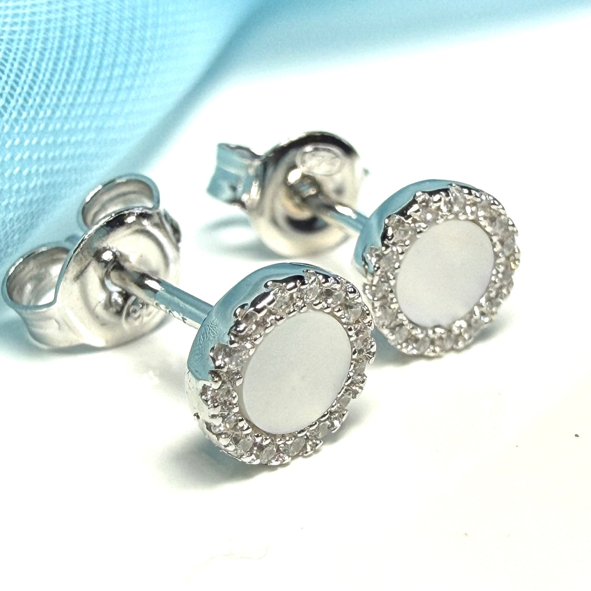 Real Mother of Pearl round stud earrings sterling silver cubic zirconia
