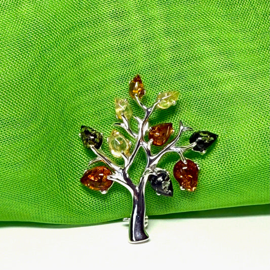 Real Multicoloured Silver Amber Tree Of Life Brooch