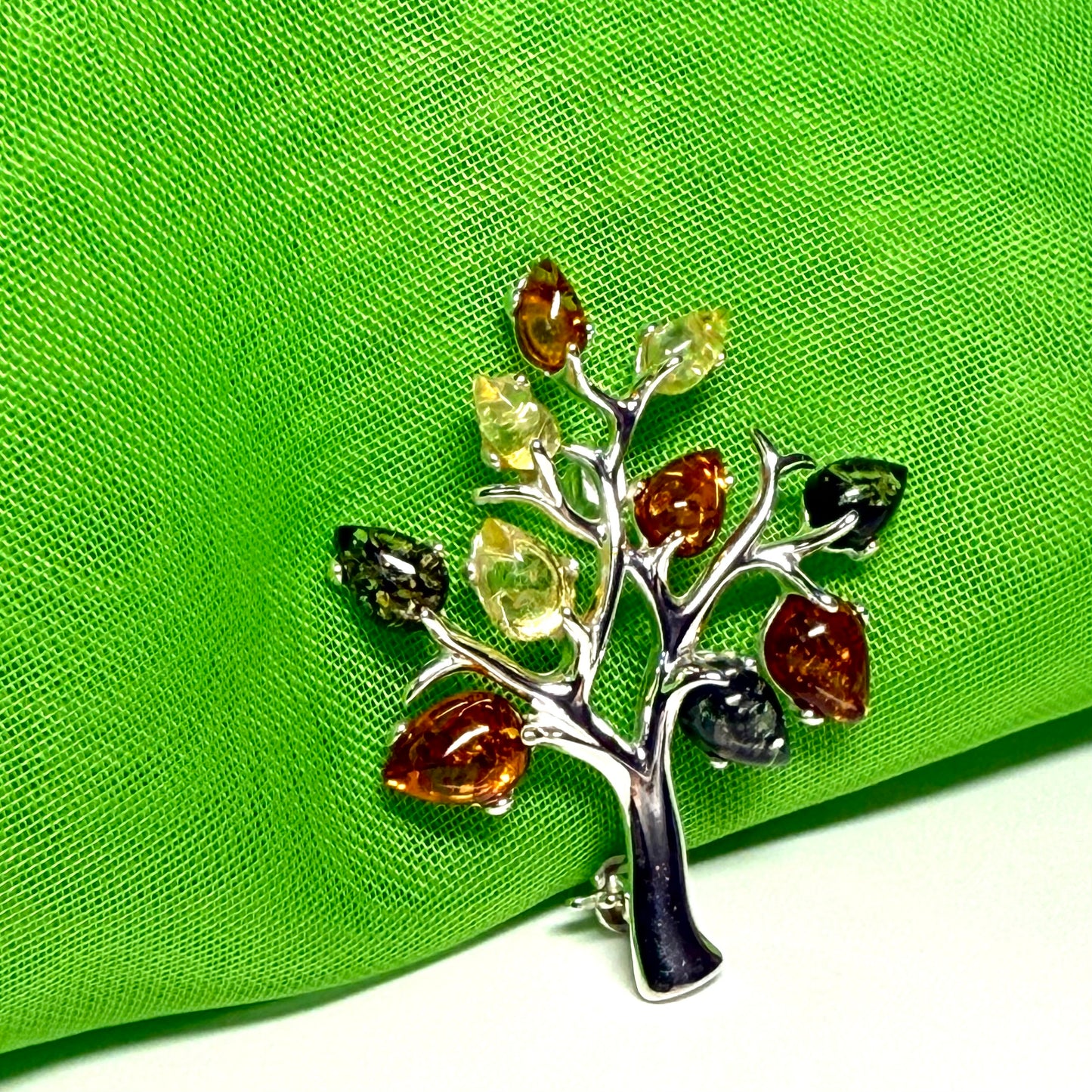 Real Multicoloured Silver Amber Tree Of Life Brooch