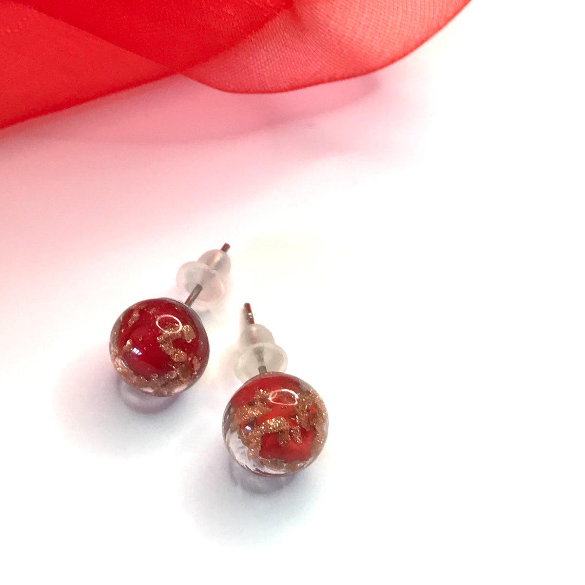 Real Murano Glass Round Ball Shaped Red Stud Earrings