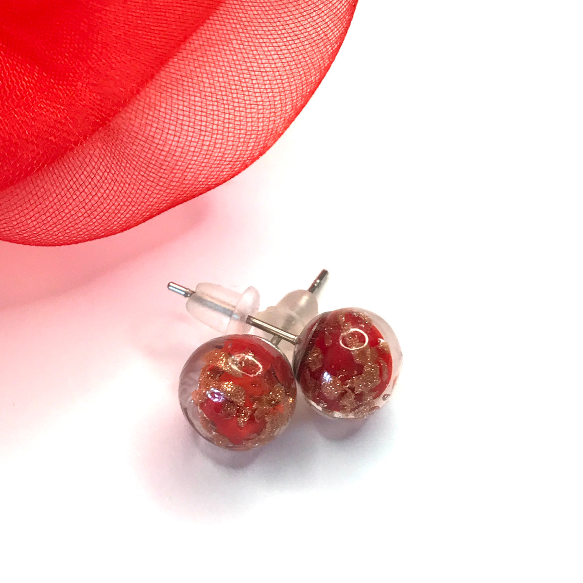 Real Murano Glass Round Ball Shaped Red Stud Earrings