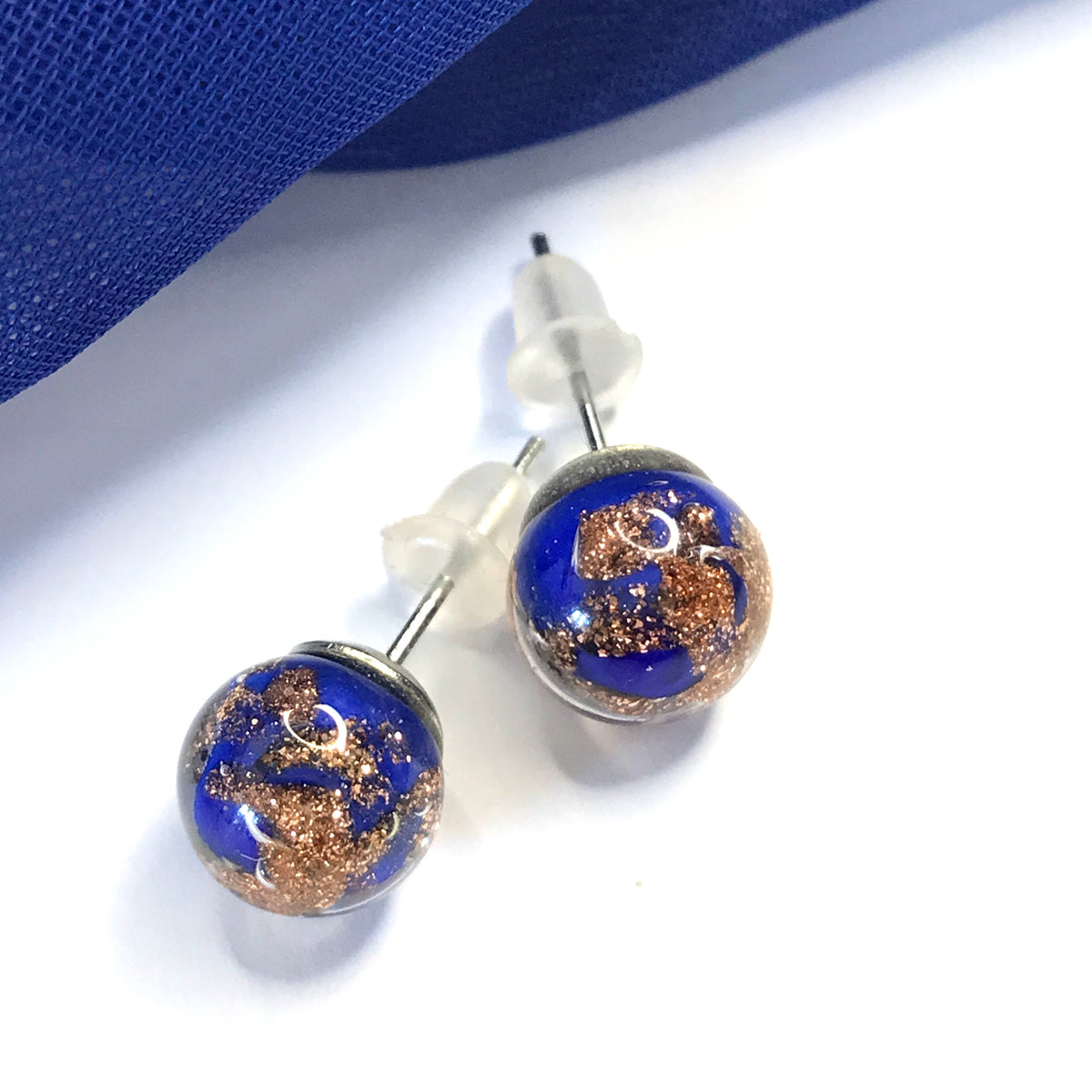 Real Murano Glass Round Ball Shaped Blue Stud Earrings