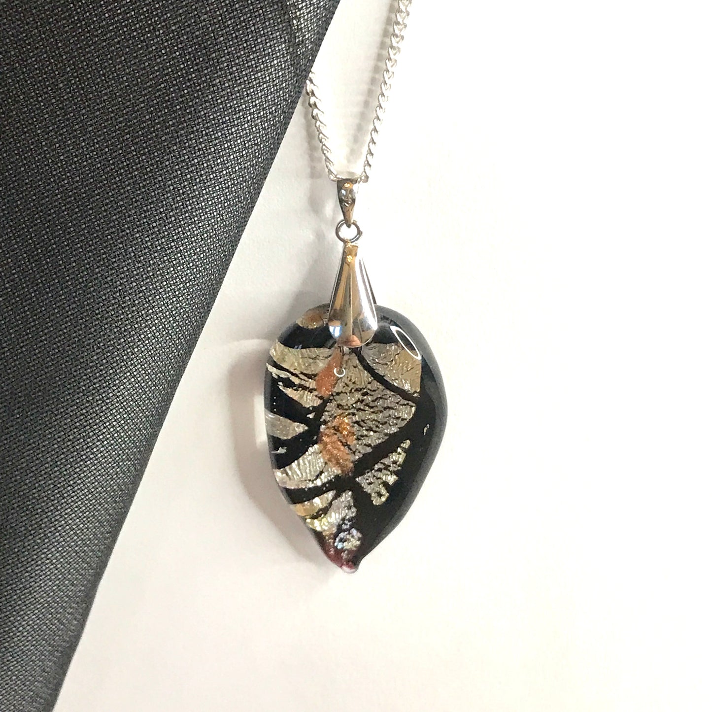 Real Murano glass necklace black silver copper coloured pendant with chain