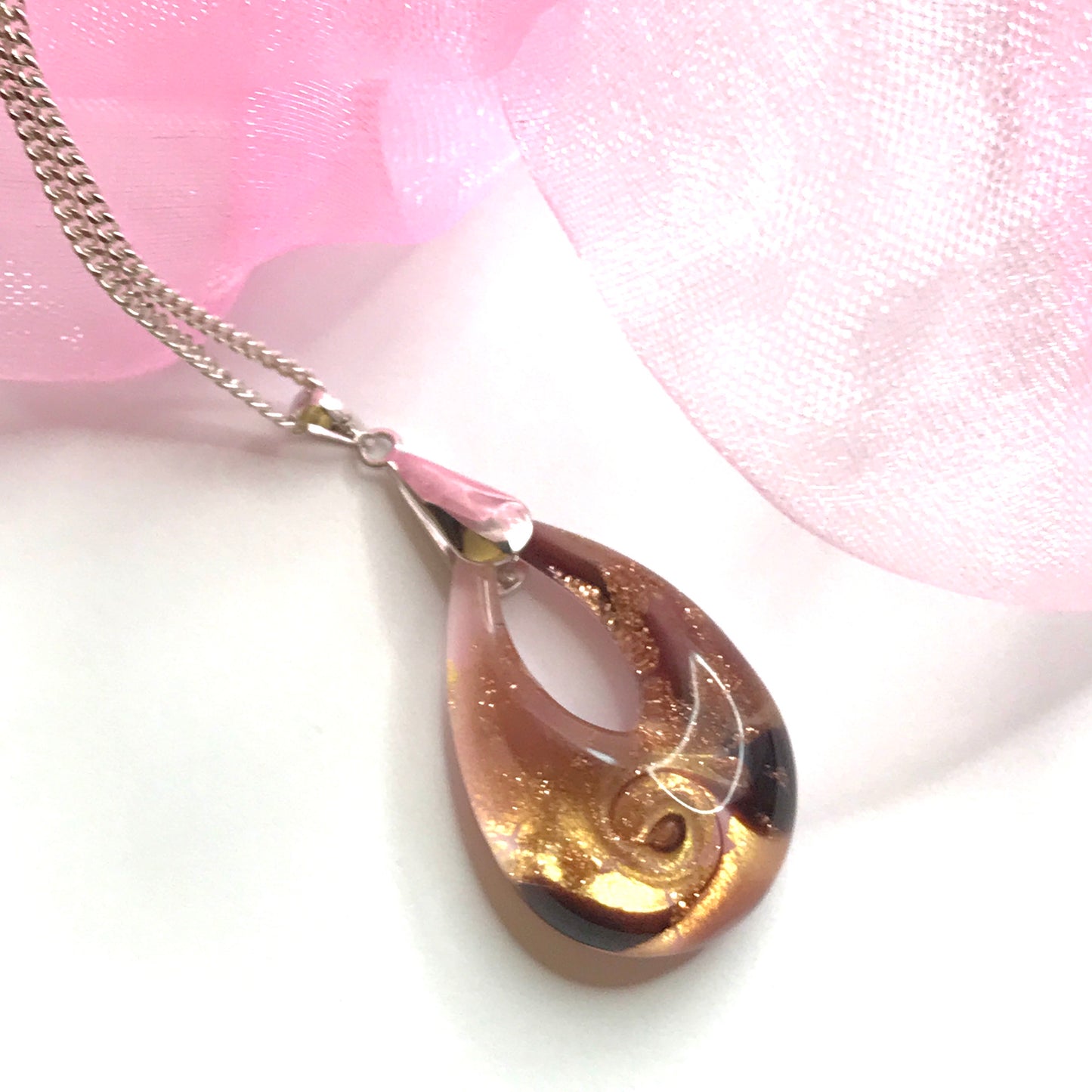 Real Murano glass necklace golden pink gold teardrop open pendant