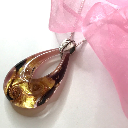 Real Murano glass necklace rose flower design tear drop pendant sterling silver with chain