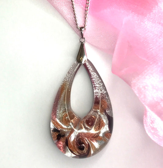 Real Murano glass necklace with a rose design tear drop pendant sterling silver