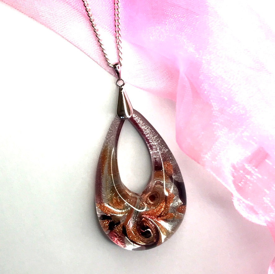 Real Murano glass necklace with a rose design tear drop pendant sterling silver