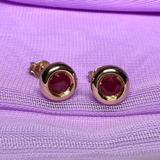 Real Red Ruby Round Stud Earrings 9 carat Yellow Gold