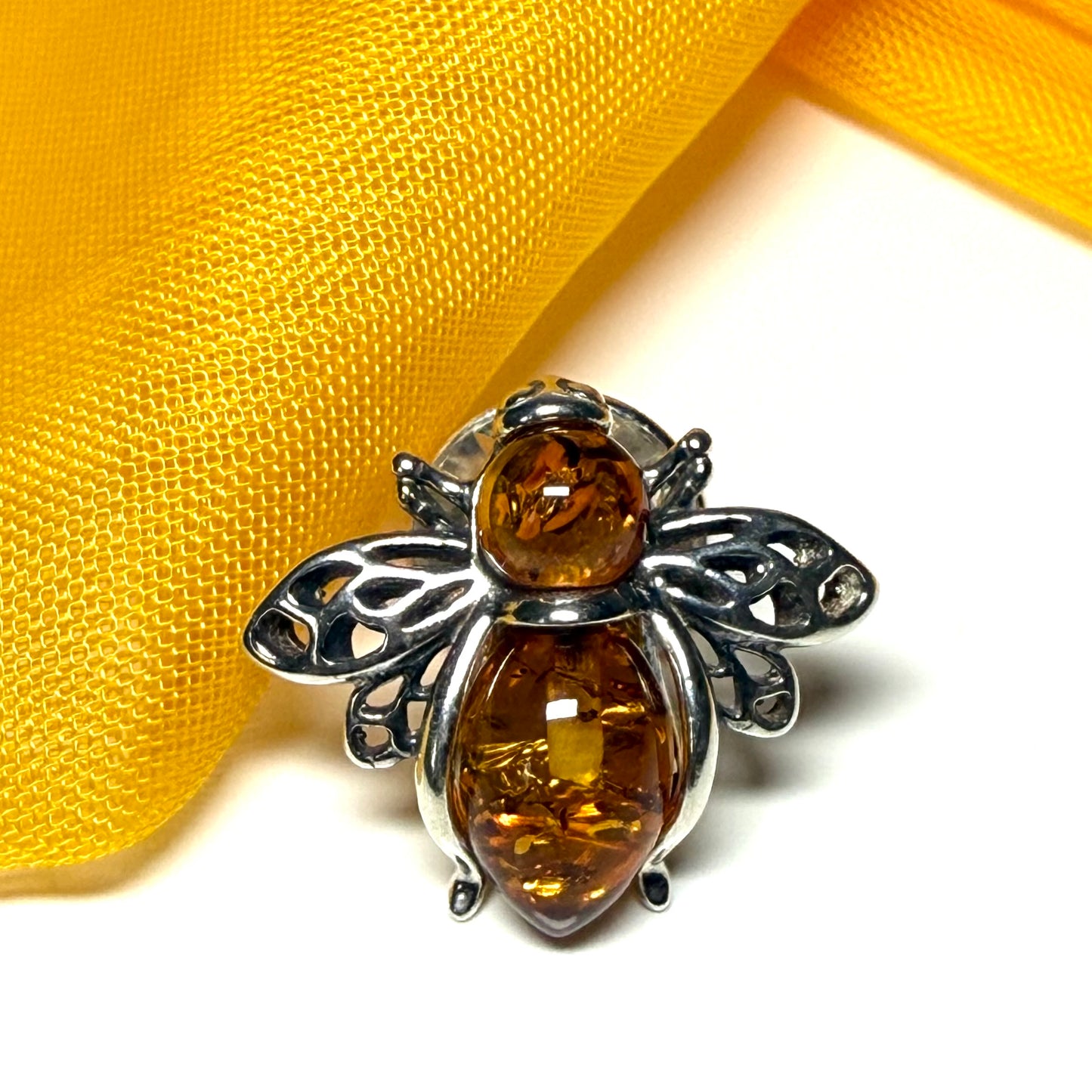 Real amber bee brooch sterling silver orange