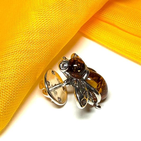 Real amber bee brooch sterling silver orange