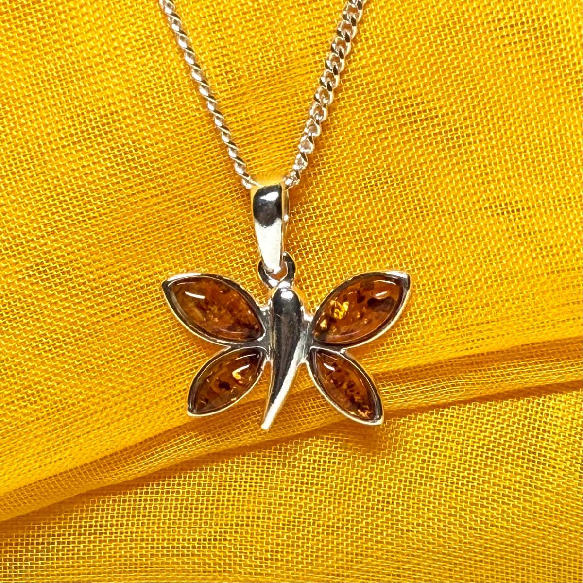 Real amber butterfly shaped necklace sterling silver pendant