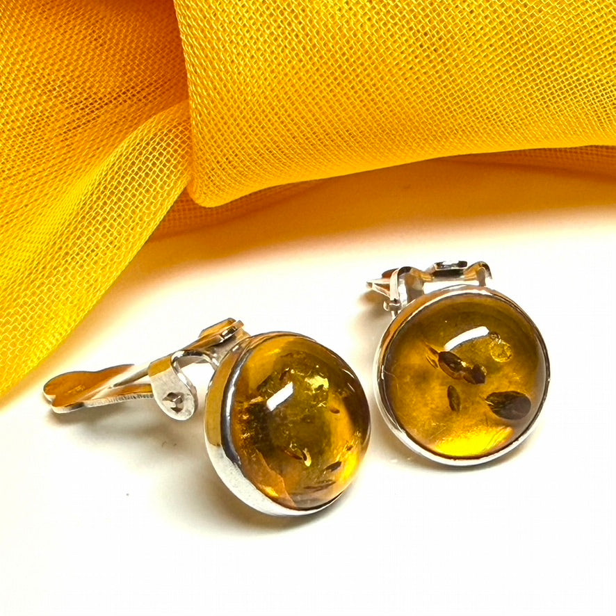 Real amber clip on earrings round sterling silver