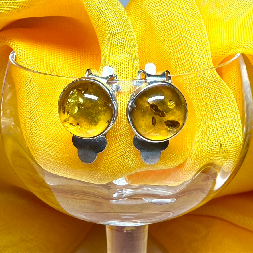 Real amber clip on earrings round shape sterling silver