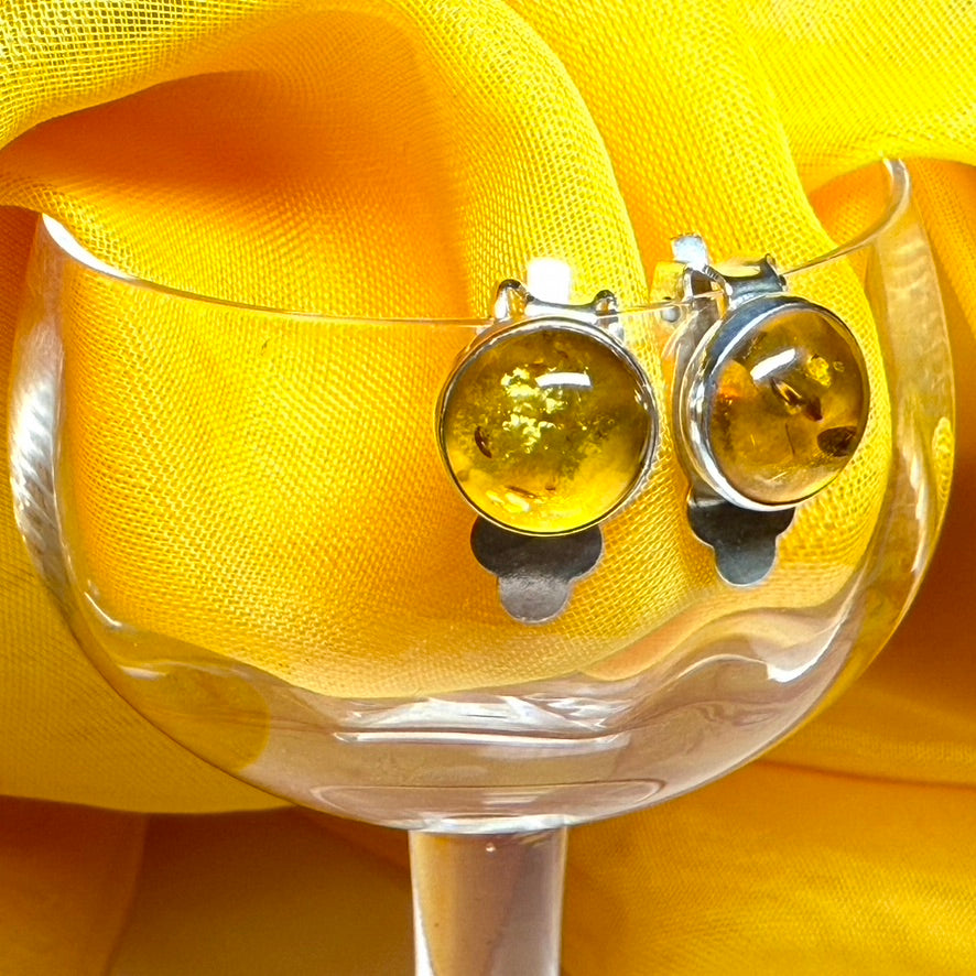 Real amber clip on earrings round shape sterling silver