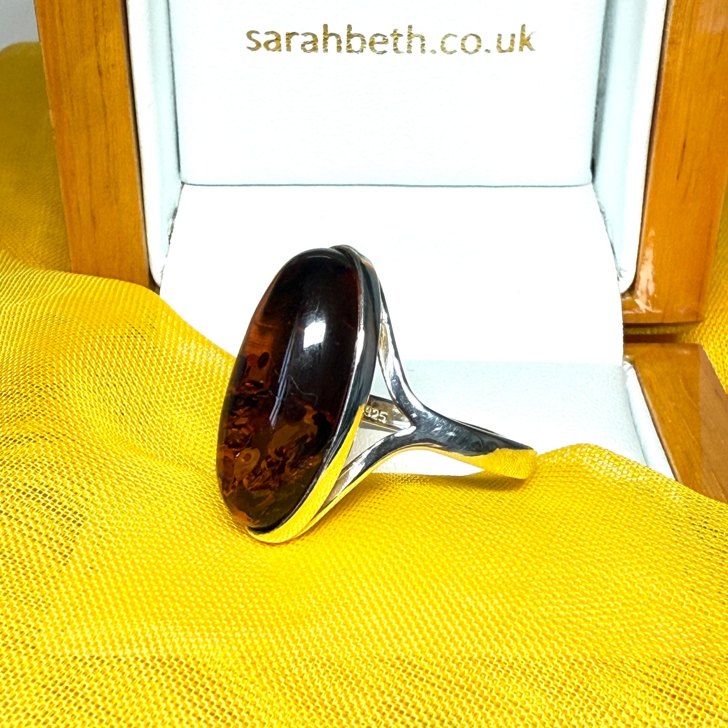 Real amber dress cocktail ring sterling silver oval shaped with open shoulders