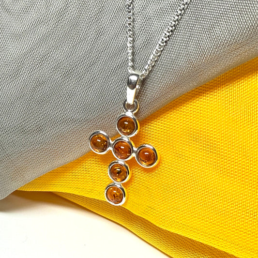 Real amber cross necklace sterling silver pendant
