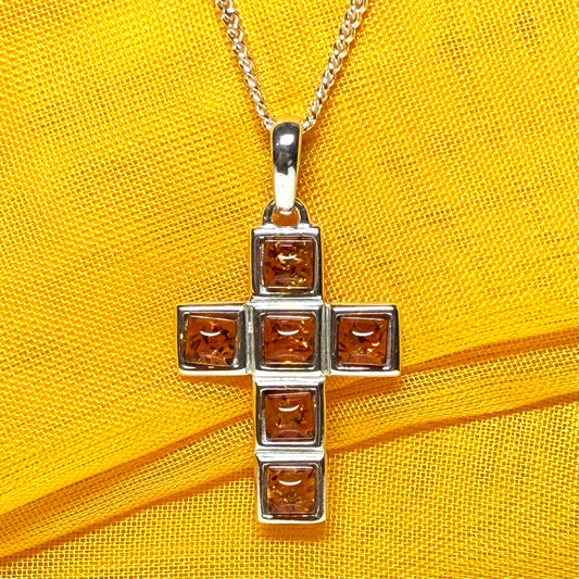 Real amber cross necklace sterling silver square pendant