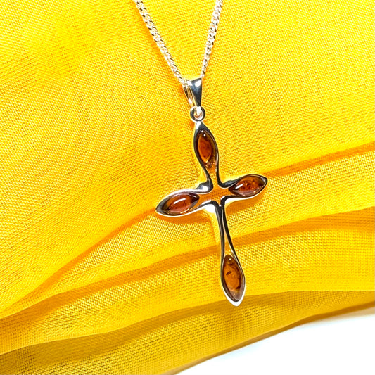Real amber cross necklace sterling silver pendant