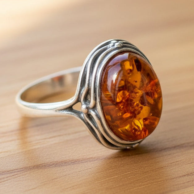 Real amber dress cocktail ring sterling silver oval shape open fancy scrolled shoulders