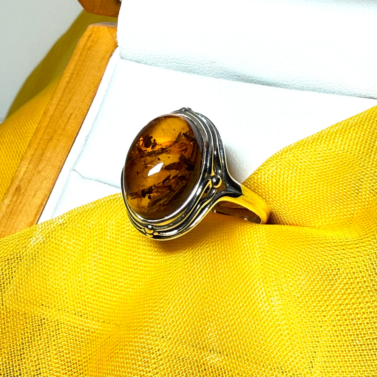 Real amber dress cocktail ring sterling silver oval shape open fancy scrolled shoulders