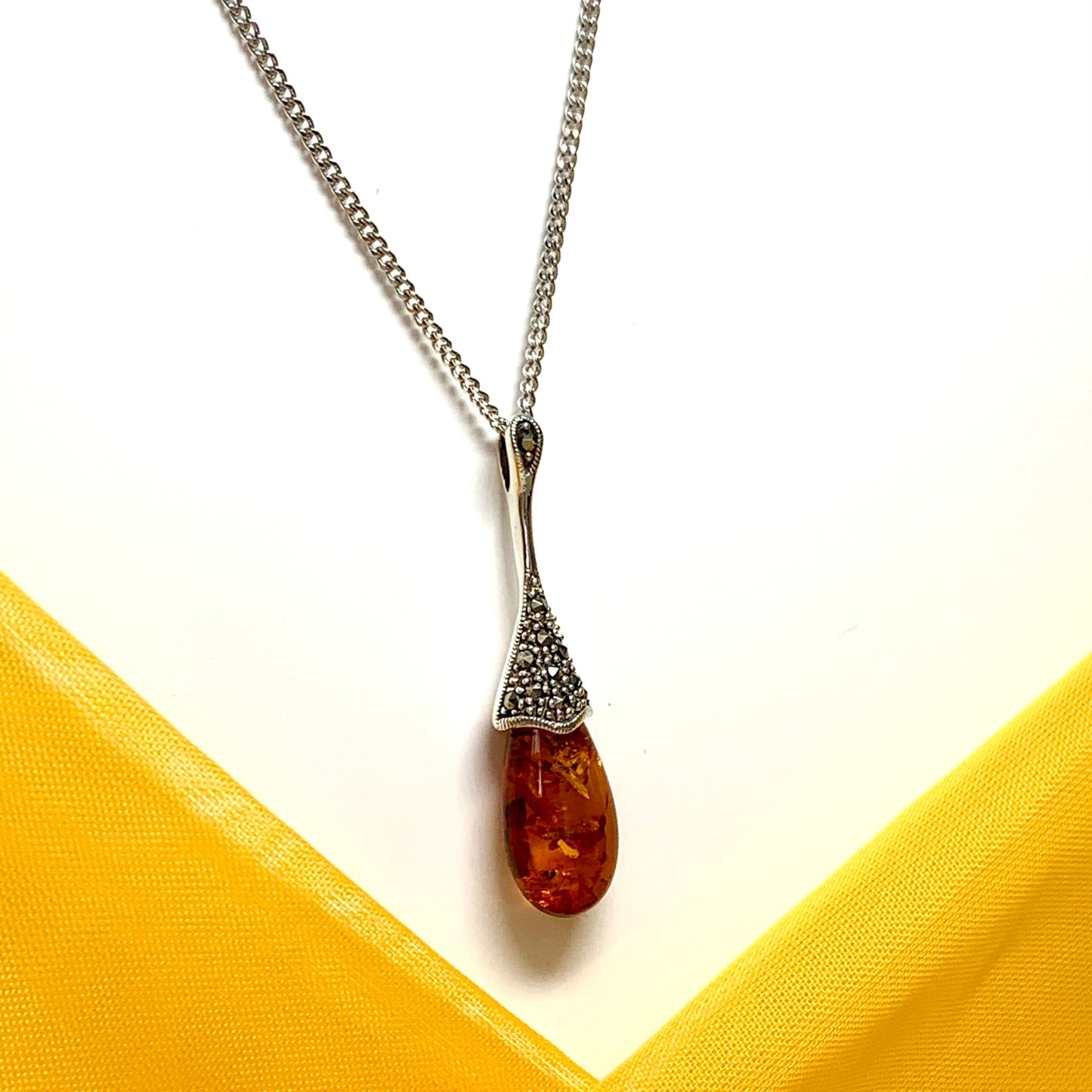 Real amber necklace long with real marcasite stones sterling silver