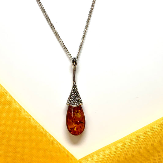 Real amber necklace long with real marcasite stones sterling silver