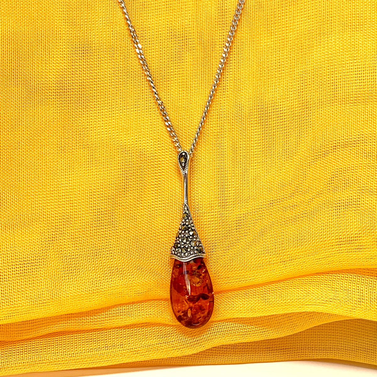 Real amber necklace long with real marcasite stones sterling silver