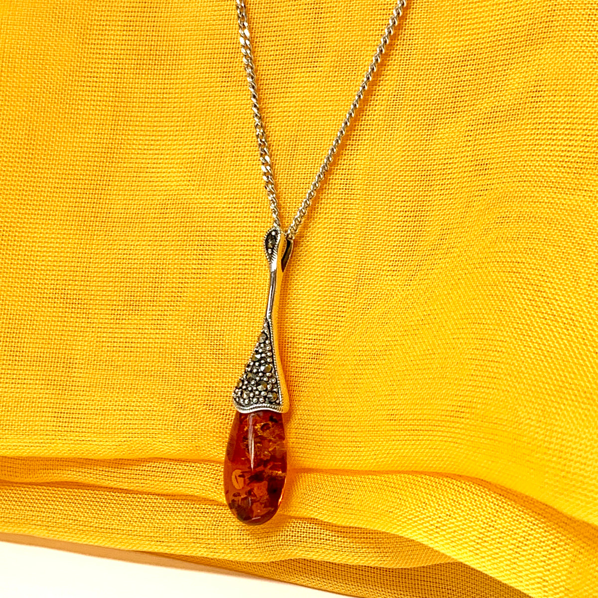 Real amber necklace long with real marcasite stones sterling silver