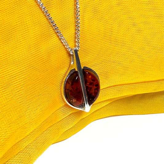 Real amber necklace sterling silver fancy round dropped pendant