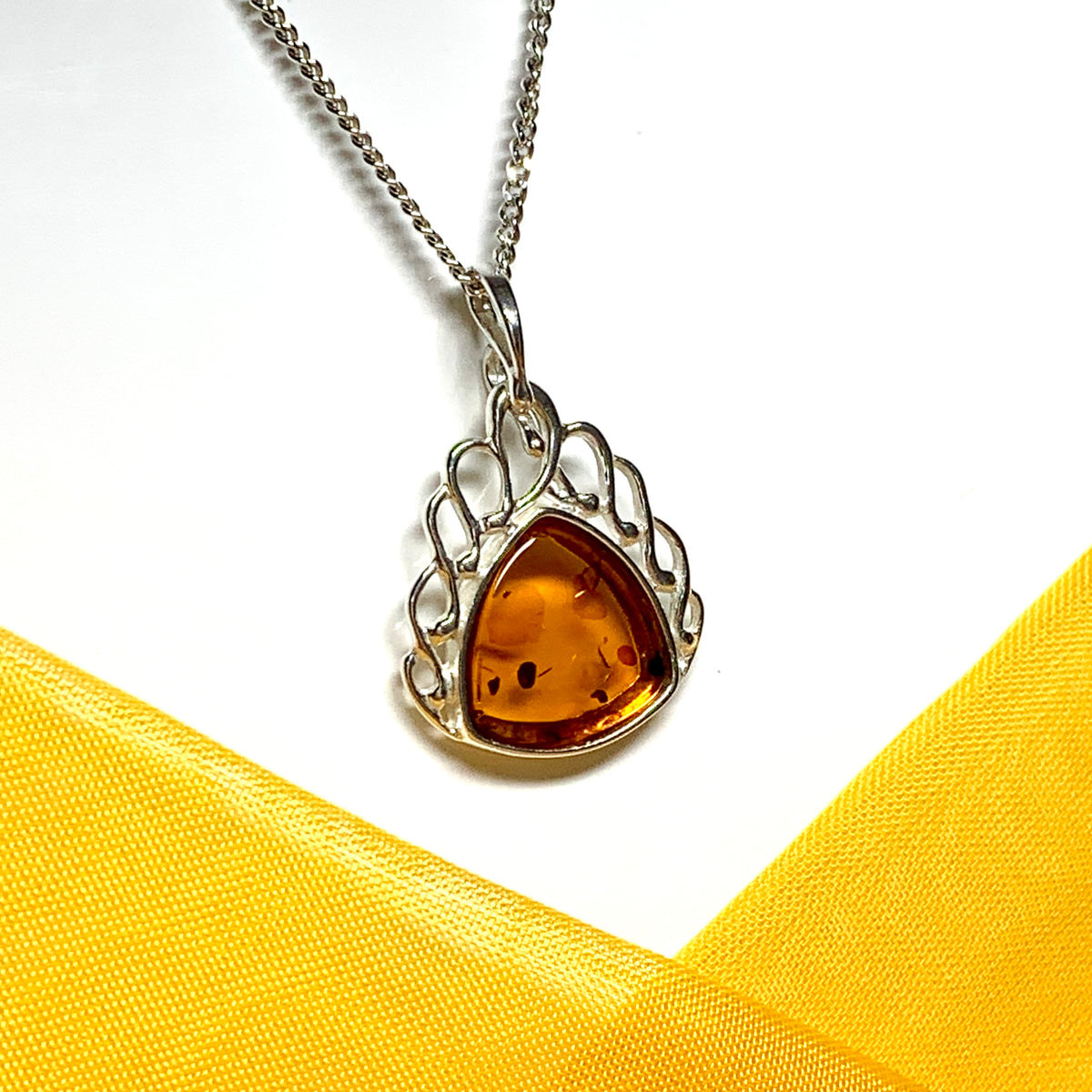 Real amber necklace sterling silver scrolled pendant