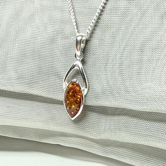 Real amber necklace sterling silver marquise shaped open pendant