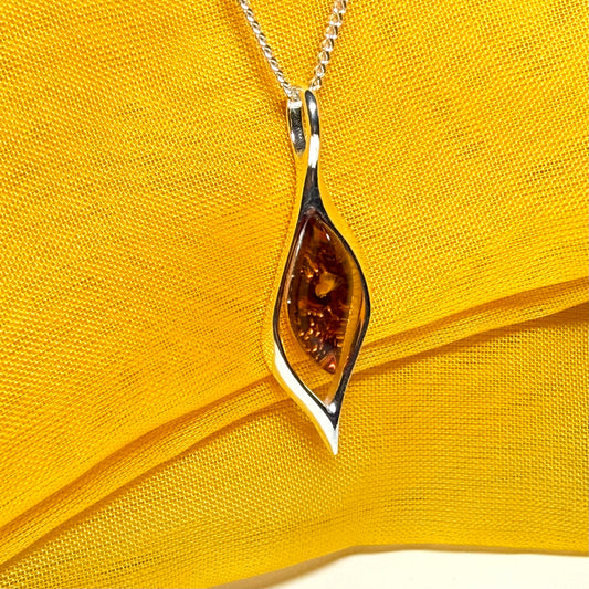 Real amber necklace sterling silver open twisted marquise shaped pendant