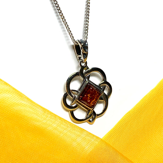 Real amber necklace sterling silver woven Celtic pendant square amber