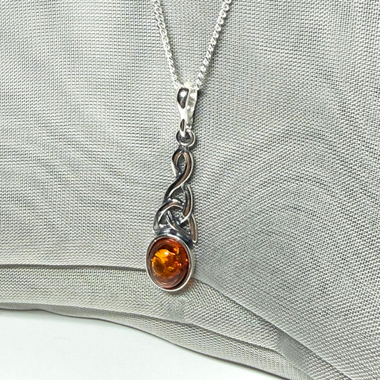 Real amber necklace sterling silver woven Celtic pendant oval amber