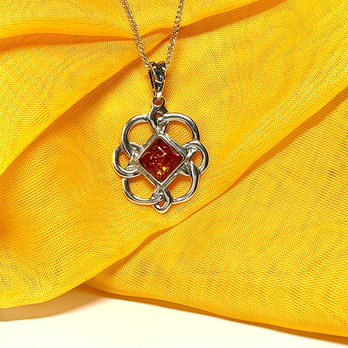 Real amber necklace sterling silver woven Celtic pendant square amber