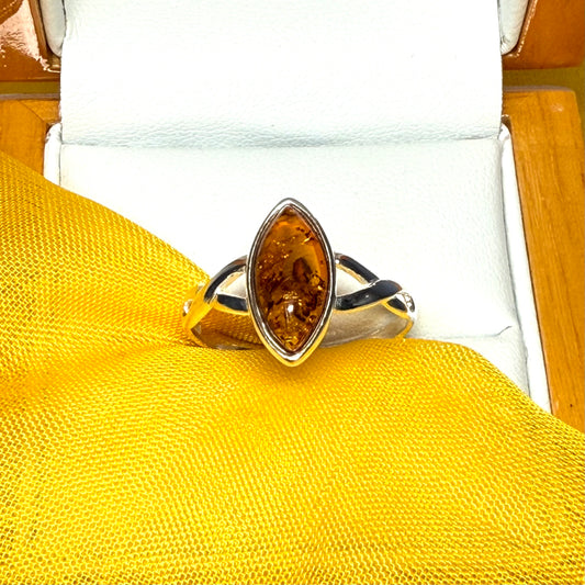 Real amber ring sterling silver marquise shaped smooth rubbed over setting pierced shoulders