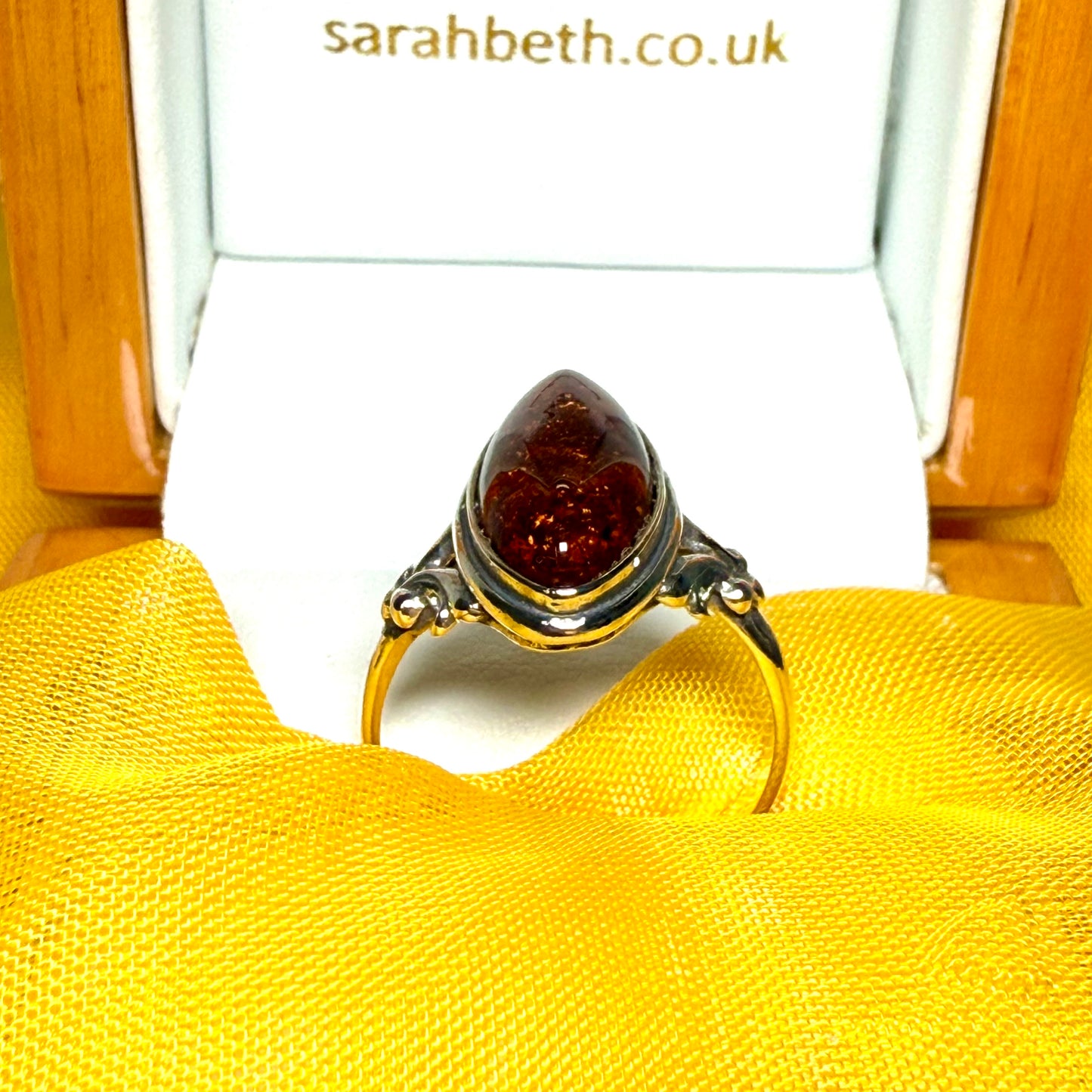 Real amber ring sterling silver marquise shaped with fancy scrolled shoulders cocktail dress