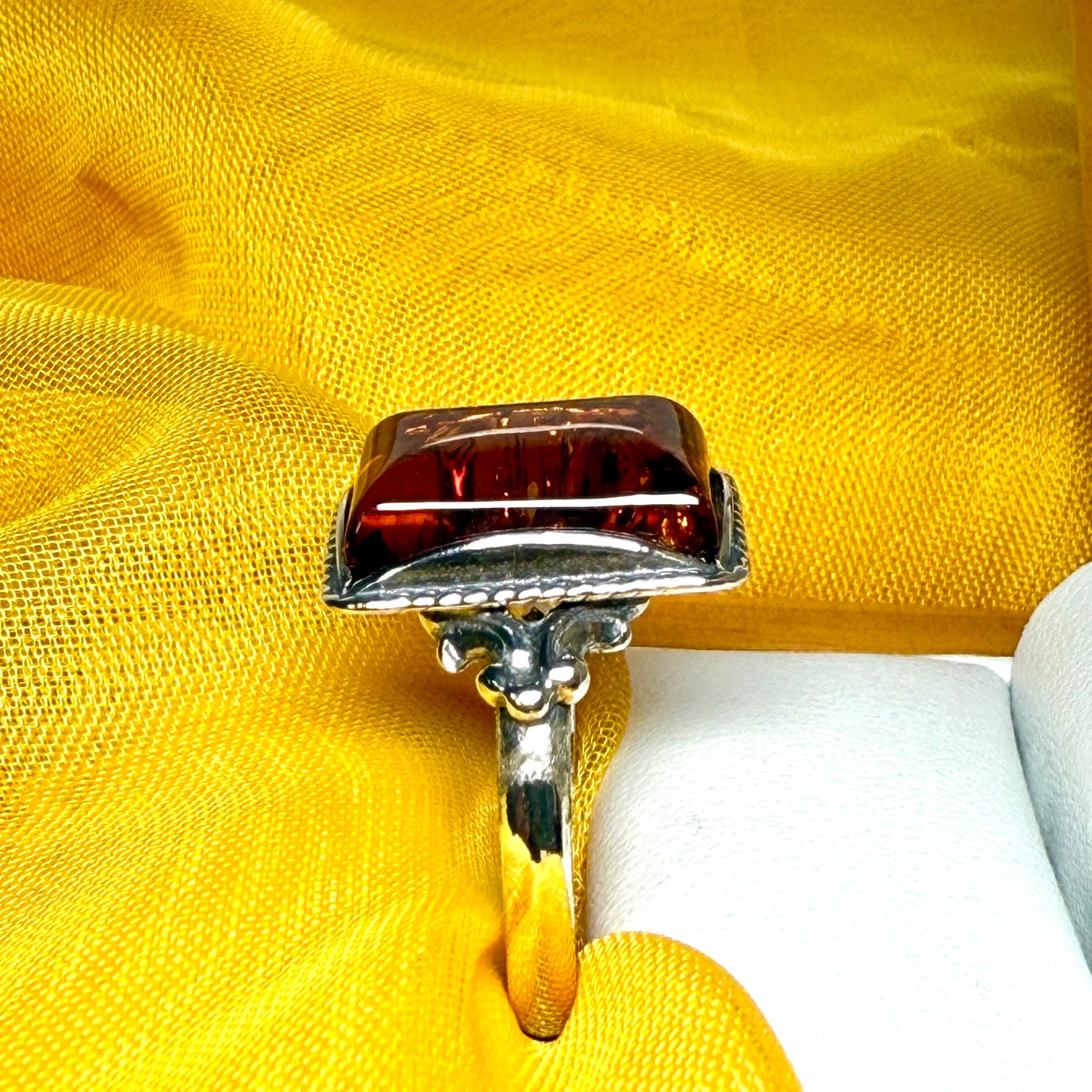 Real amber ring sterling silver square or rectangle shaped