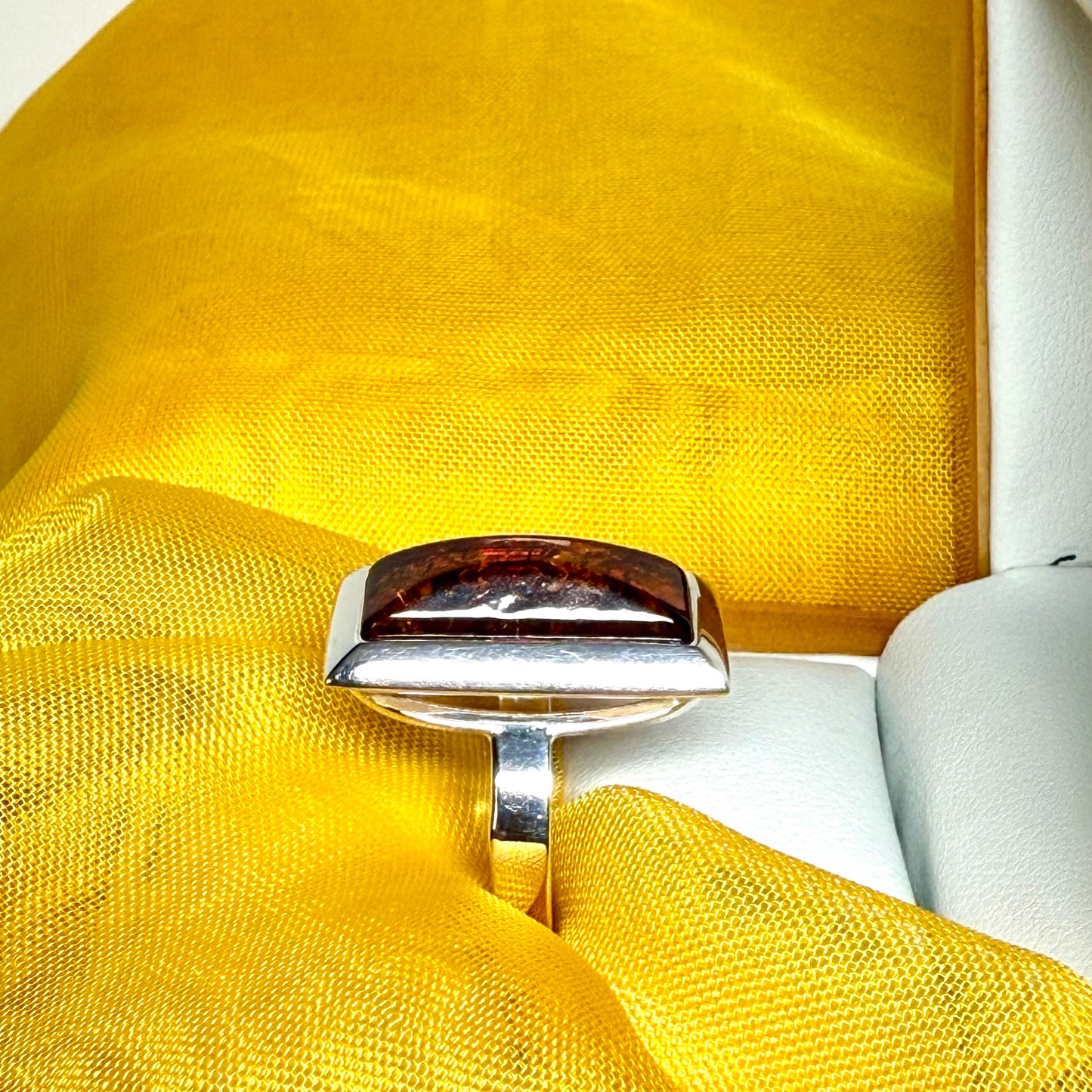Real amber ring sterling silver square or rectangle shaped smooth rubbed over setting