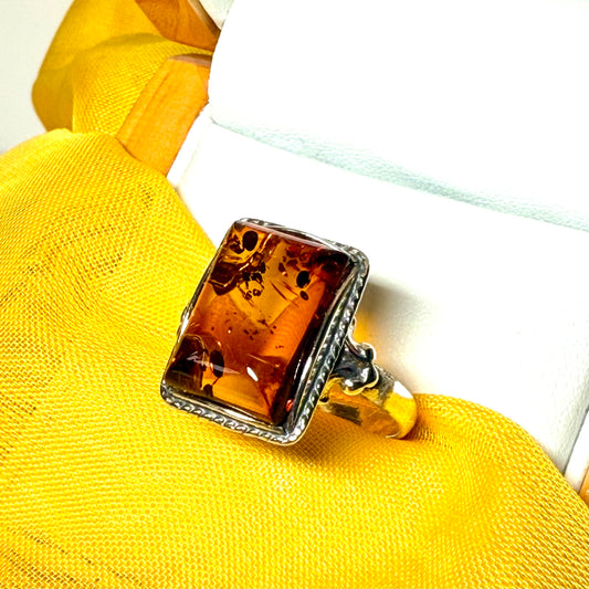 Real amber ring sterling silver square or rectangle shaped