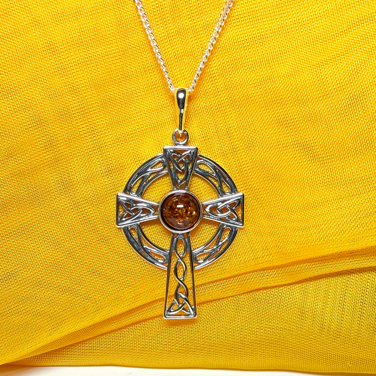 Real amber sterling silver Celtic cross including chain