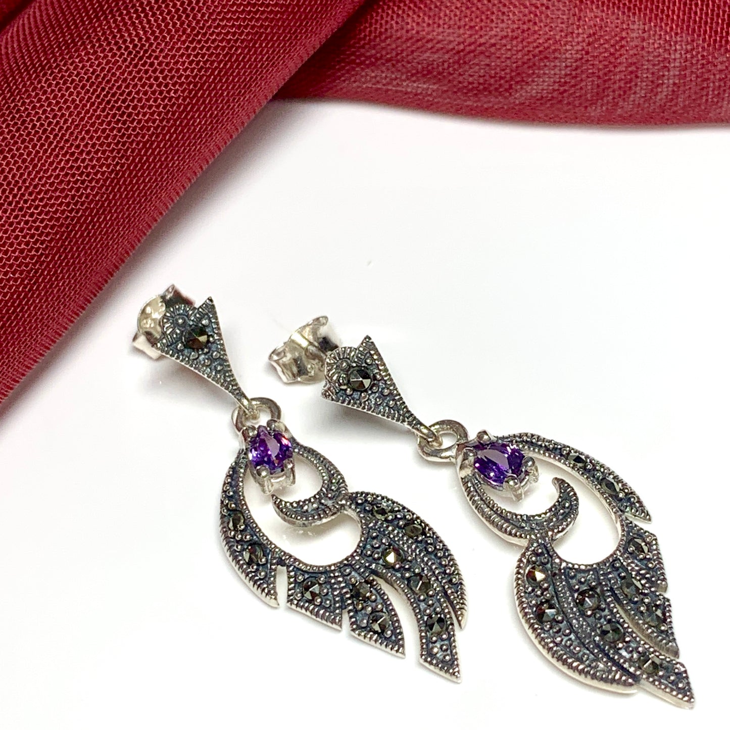 Real amethyst and marcasite large drop earrings sterling silver