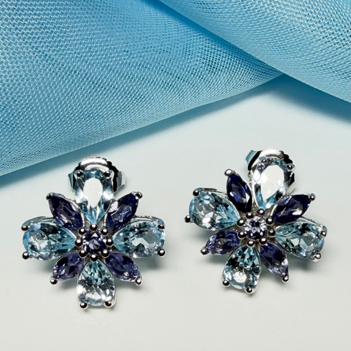 Real amethyst and real blue topaz fancy spray stud earrings