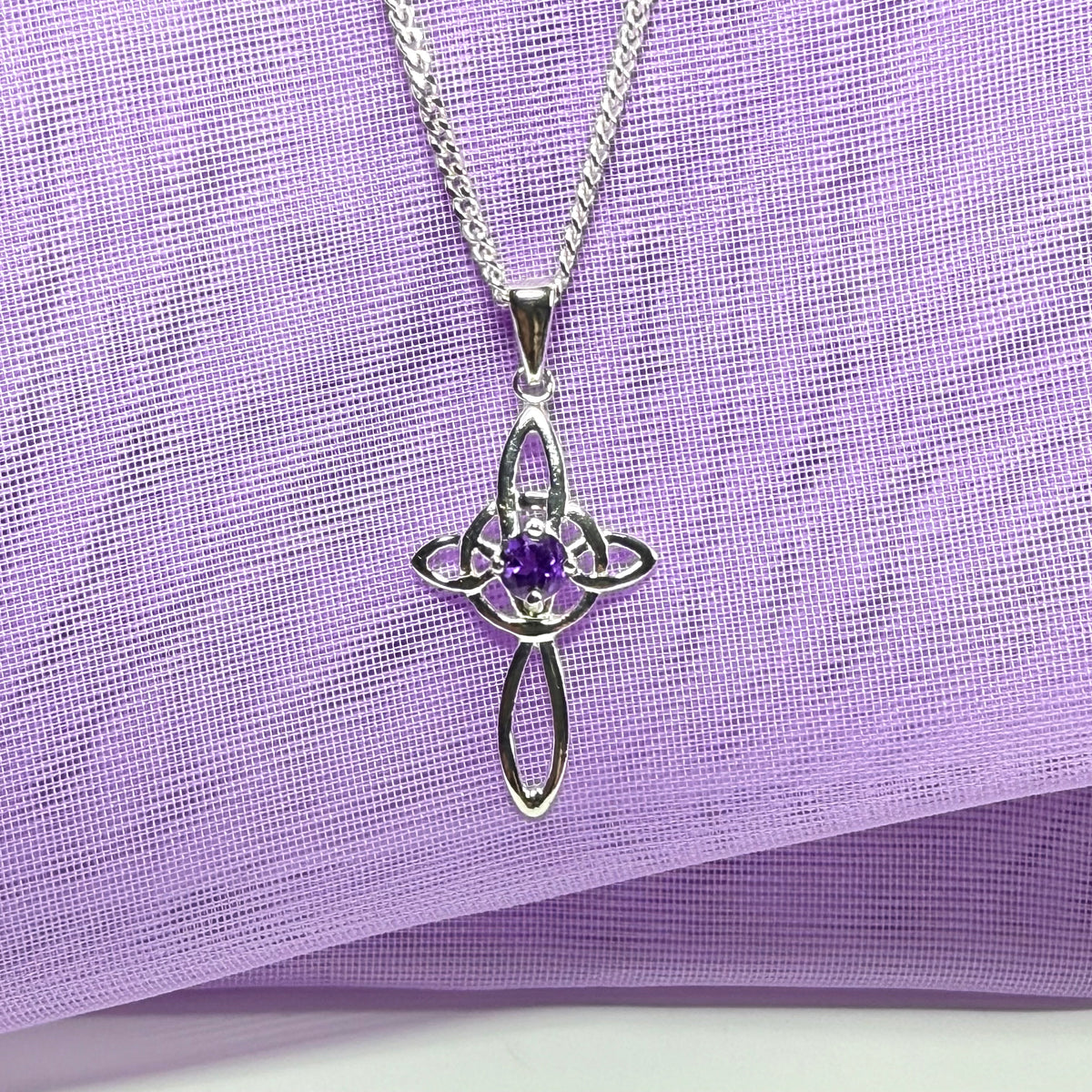 Real amethyst coloured Celtic cross sterling silver necklace