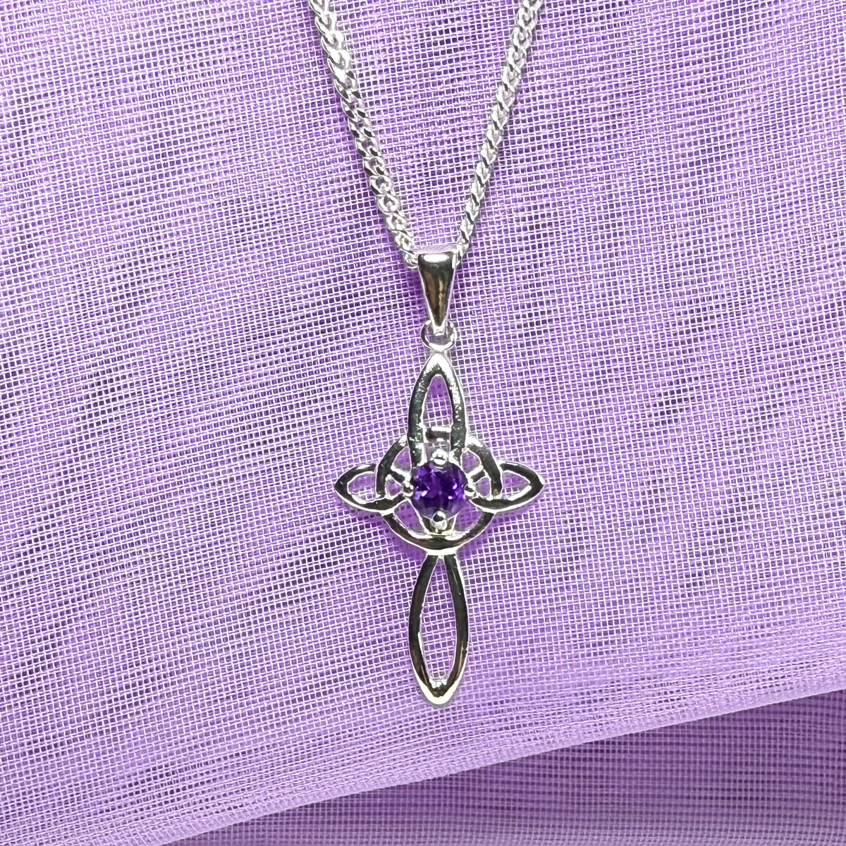 Real amethyst coloured Celtic cross sterling silver necklace with chain