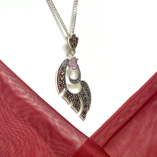 Real amethyst and marcasite silver fancy spray drop large necklace