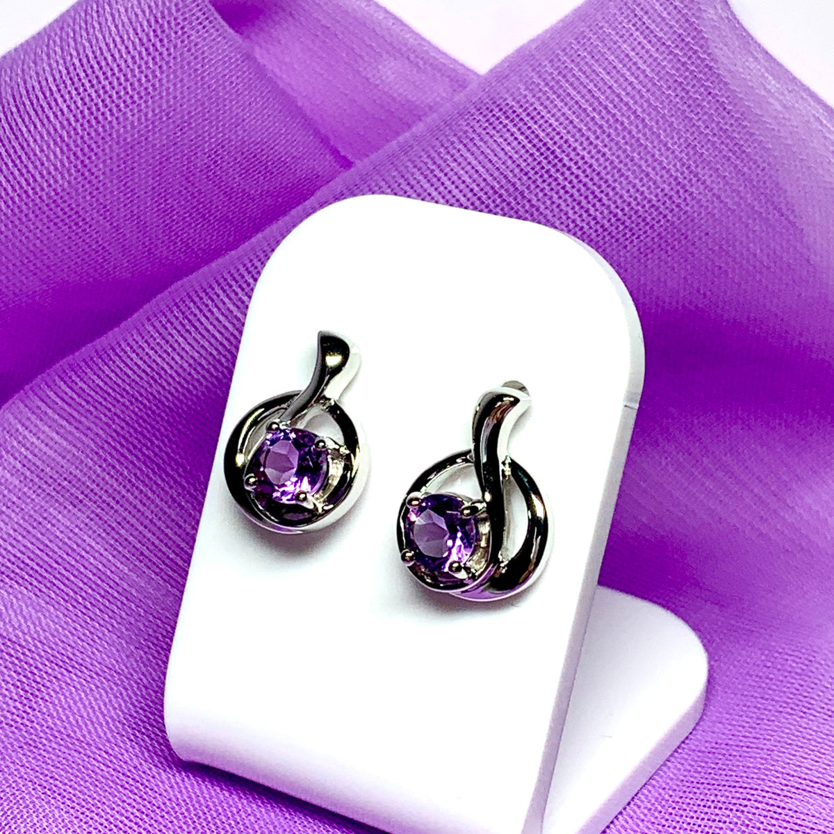 Real amethyst round fancy swirl dropped stud earrings