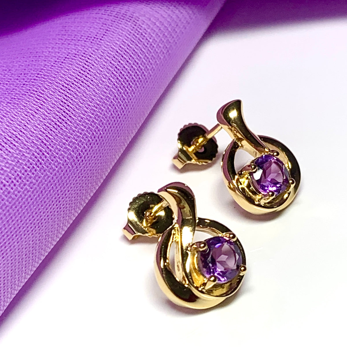 Real amethyst round fancy swirl dropped stud sterling silver gilt gold plated earrings